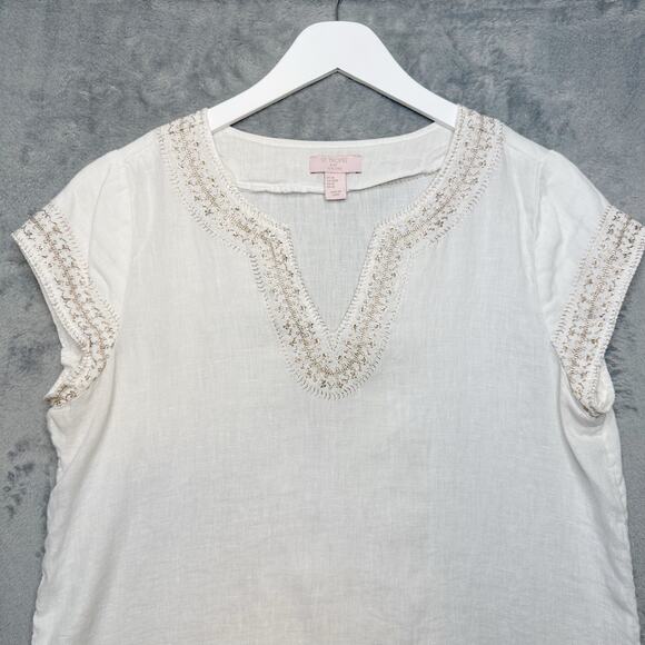 Saint Tropez West Linen Metallic Embroidered Pop Over Blouse Top White Gold Sz M - Picture 2 of 8